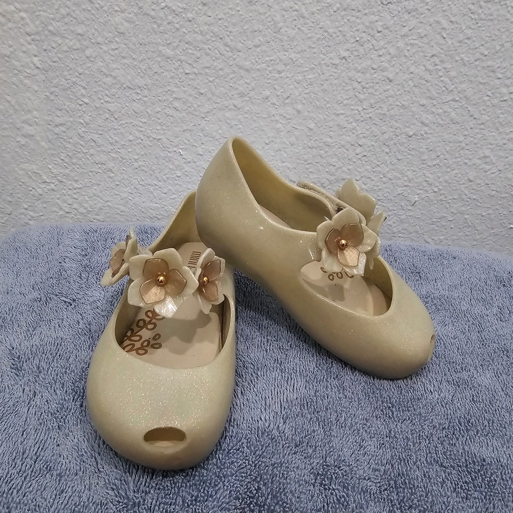 Mini Melissa Ultragirl Flower Glitter Jelly Shoes Gold Mary Jane Toddler Size 7